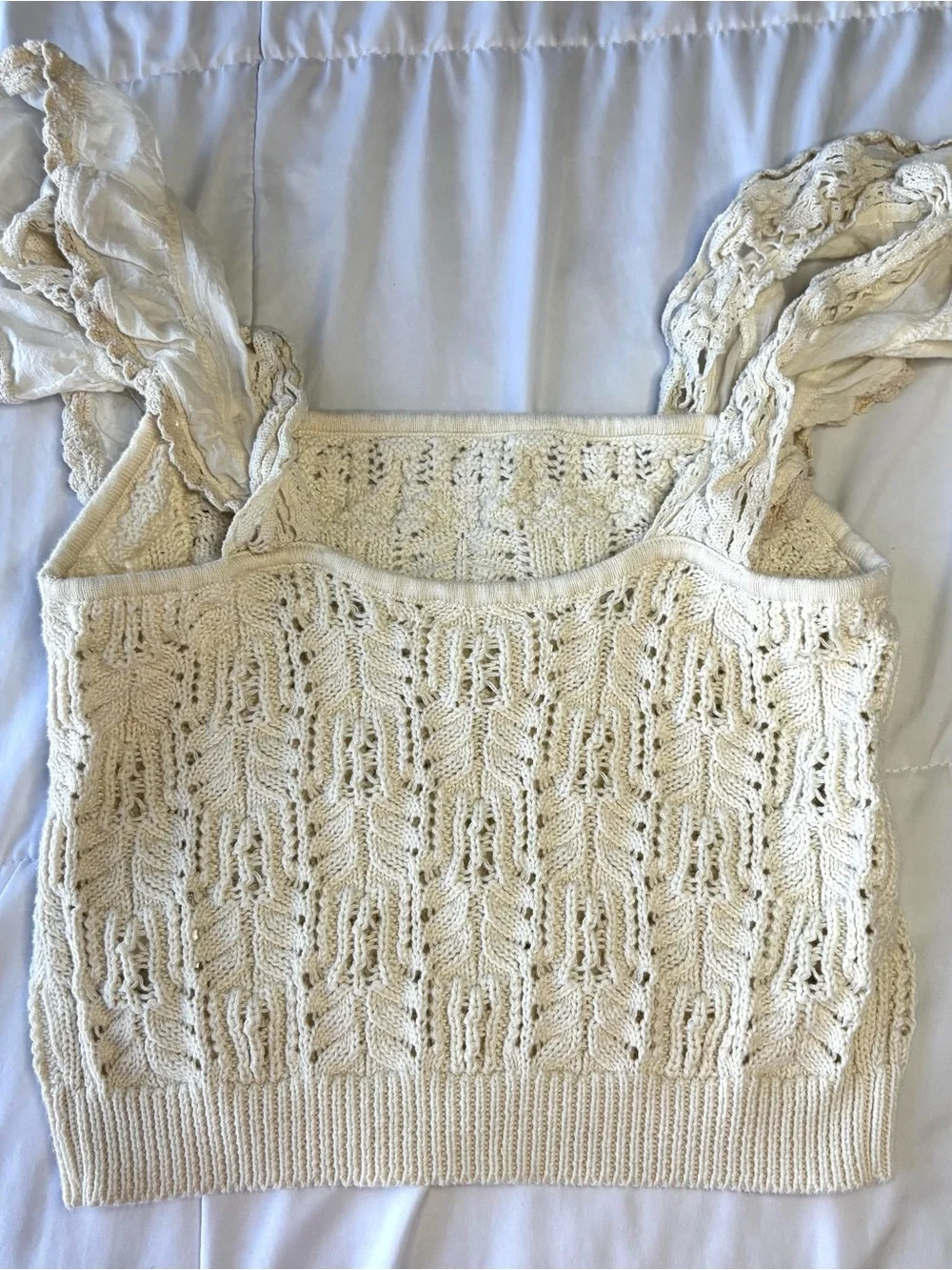 Anthropologie Cream Off-the-Shoulder Lace-Trim Knit Sweater